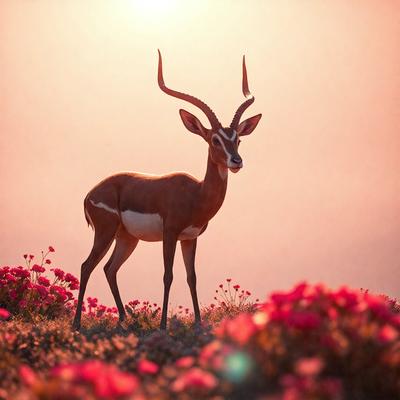 The primary subject of the image is a deer with a large horn, standing in a field of flowers. The setting is a sunny day, and the visual style appears to be a photo. The deer is the main focus of the image, and the field of flowers adds a vibrant and colorful atmosphere to the scene.
